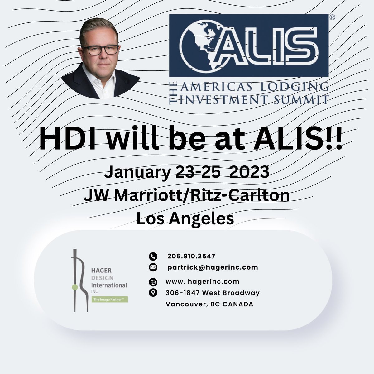 HagerInc's tweet photo. @ALISconference If you’re heading to ALIS, please be sure you reach out to our SVP Patrick Kruger to meet up and talk about all things lodging!! 
#hagerinc #alisconference #aliscconference2023 #hotel #hoteldesign #interiordesign #lodging #conference https://t.co/iq7zHGeR4I https://t.co/B9ZT1pzsI5