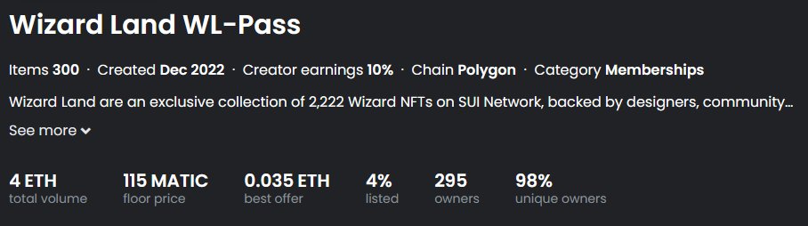 WizardLands's tweet photo. Amazing! 🔥WL-Pass has been getting trading volume around 4ETH for 1 month! 🚀

With a floor price of 115 MATIC! extraordinary! 
We are only talking about facts 🪄

#WizardLandSui #SuiNFT https://t.co/RveUVoLnd2