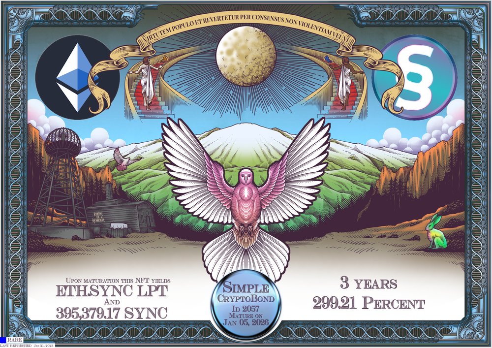 SYNCTOKENBOT's tweet photo. RARE $ETH - $SYNC #CryptoBond no. 2057 created with $1,333.56. Upon maturation in 3 years this #NFT yields 299.21% additional $SYNC! 
 
Create your CryptoBond now at https://t.co/FUgk5PpW9n, and join our community at https://t.co/2F4KdNHimx! 
 
https://t.co/6JkojuhQV2 https://t.co/fPljquS5Nr