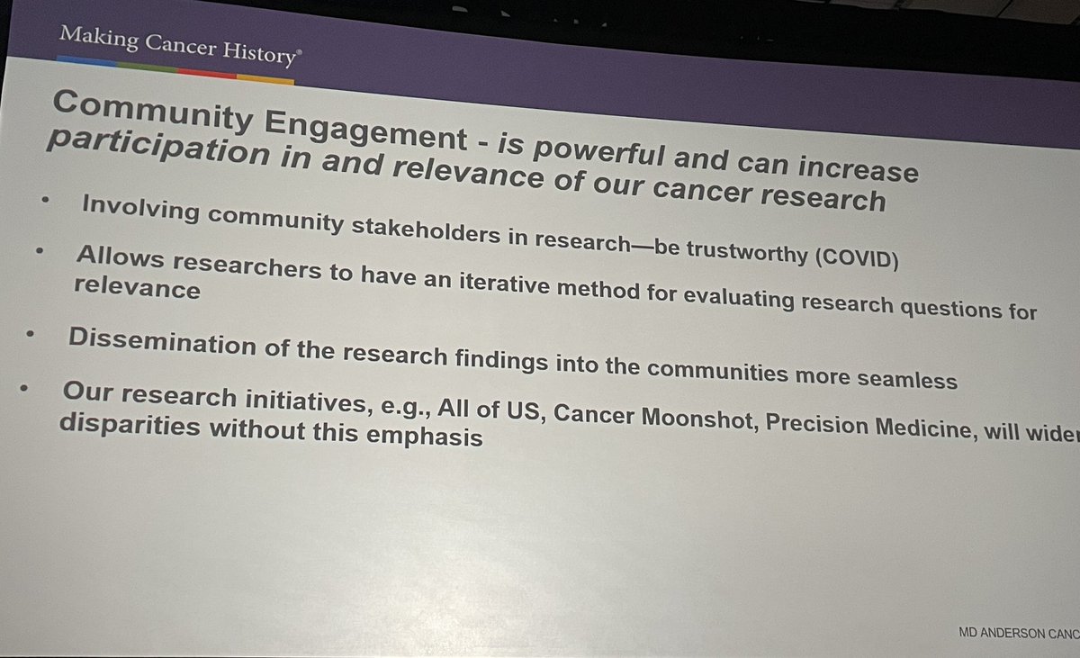 Inspiring @asco #GI23 keynote by <a href="/McNeill_Dr/">Lorna H. McNeill PhD</a> from @mdandersonnews highlighting the importance of focusing upstream to mitigate health disparities in cancer and how community engagement can help us to mitigate health disparities in cancer and cancer trials.