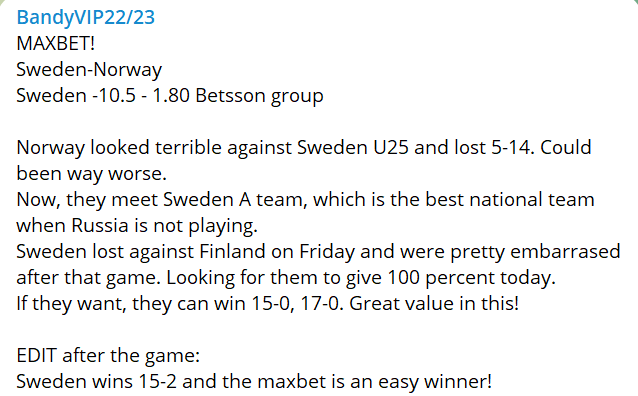 BOOOOOOOOOM!🫢🫢✅✅✅
Great info and writeup and we win on this maxbet!
2 months and 2 weeks left of the bandy season, DM us now to get the rest of the seaon for price of 1 month🫰🫰