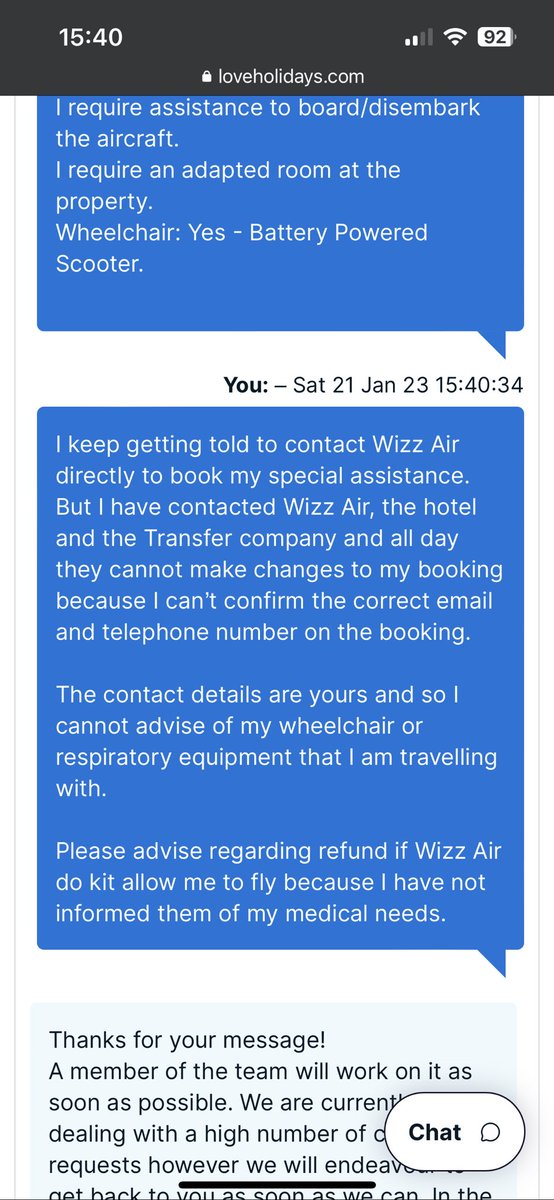 My holiday with <a href="/loveholidays/">loveholidays</a> is in two days but they won’t inform <a href="/wizzair/">Wizz Air</a> of my wheelchair and medical equipment needs. They say I should do it myself but it’s not my contact details they’ve used. If you are #disabled or a #disabledTraveller don’t book <a href="/loveholidays/">loveholidays</a>