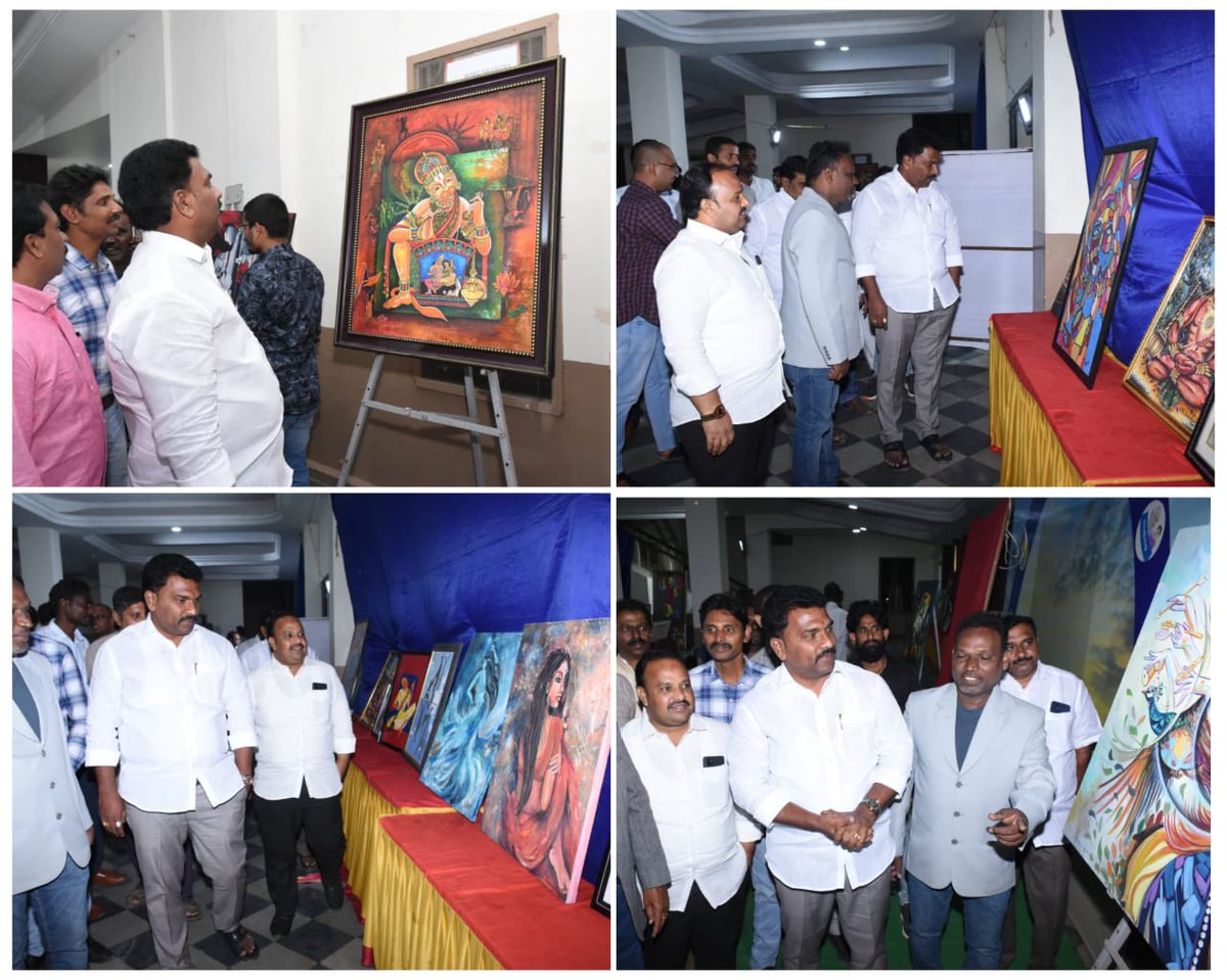 KavatiManohar's tweet photo. గుంటూరు నగరంలో #CREATIVE_FINE_ART_ACADEMY వారు ఏర్పాటు చేసిన  #NATIONAL_ART_EXHIBITION_&amp; #AWARD_FUNCTION కార్యక్రమంలో పాల్గొని కళాకారులు వేసిన పెయింటింగ్స్ ను వీక్షిస్తున్న  #నగర_మేయర్_కావటి_శివ_నాగ_మనోహర్_నాయుడు.ఈ కార్యక్రమంలో K.P.బాబు,మధు,ఆర్టిస్ట్ లు పాల్గొన్నారు.Dt:21-1-2023 https://t.co/puBtDQQSFp