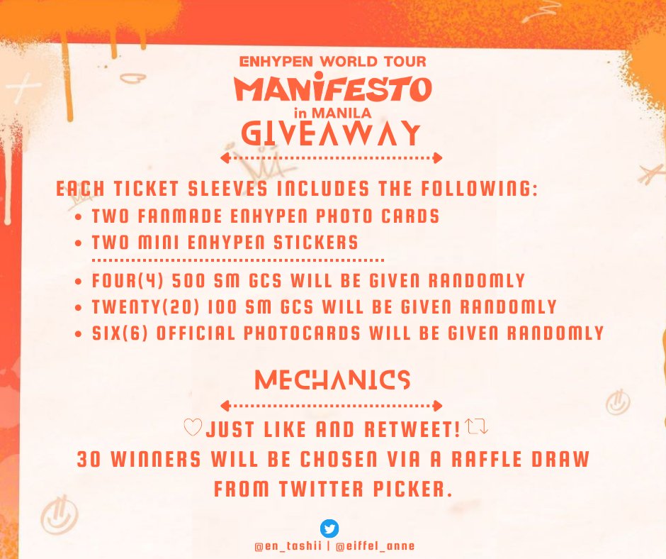 en_tashii's tweet photo. #MANIFESTO_IN_MANILA GIVEAWAY!

Hi! We will be giving away some freebies for Manifesto in Manila Concert on February 3,4 &amp; 5!

Note: Only open for Team Concert ✨

- Ticket sleeves
- Fan-made EN- PC (from @eiffel_anne)
- Official EN- PC
- SM GC

Like &amp; RT✨

Deets on each pic 🫶 https://t.co/zxebX5nM4B