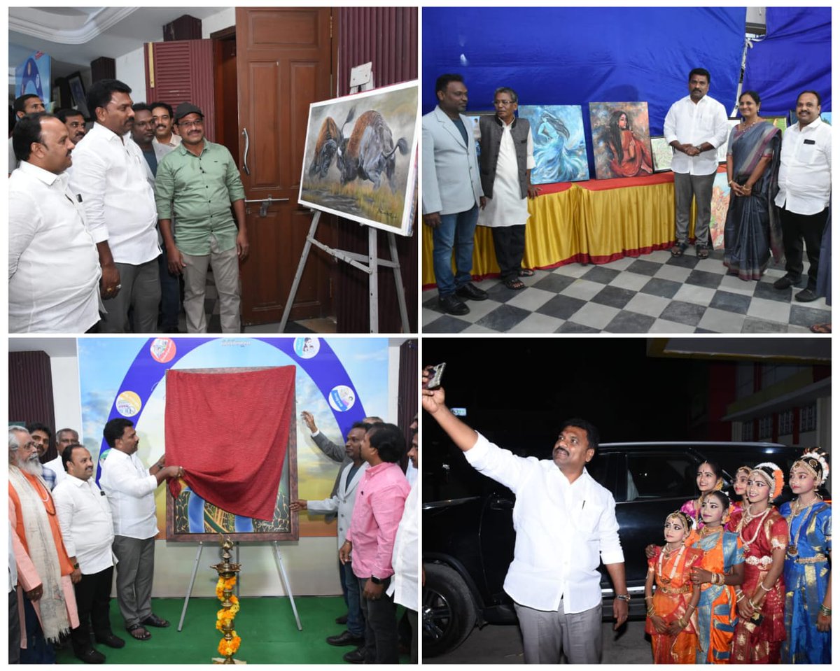 KavatiManohar's tweet photo. గుంటూరు నగరంలో #CREATIVE_FINE_ART_ACADEMY వారు ఏర్పాటు చేసిన  #NATIONAL_ART_EXHIBITION_&amp; #AWARD_FUNCTION కార్యక్రమంలో పాల్గొని కళాకారులు వేసిన పెయింటింగ్స్ ను వీక్షిస్తున్న  #నగర_మేయర్_కావటి_శివ_నాగ_మనోహర్_నాయుడు.ఈ కార్యక్రమంలో K.P.బాబు,మధు,ఆర్టిస్ట్ లు పాల్గొన్నారు.Dt:21-1-2023 https://t.co/puBtDQQSFp
