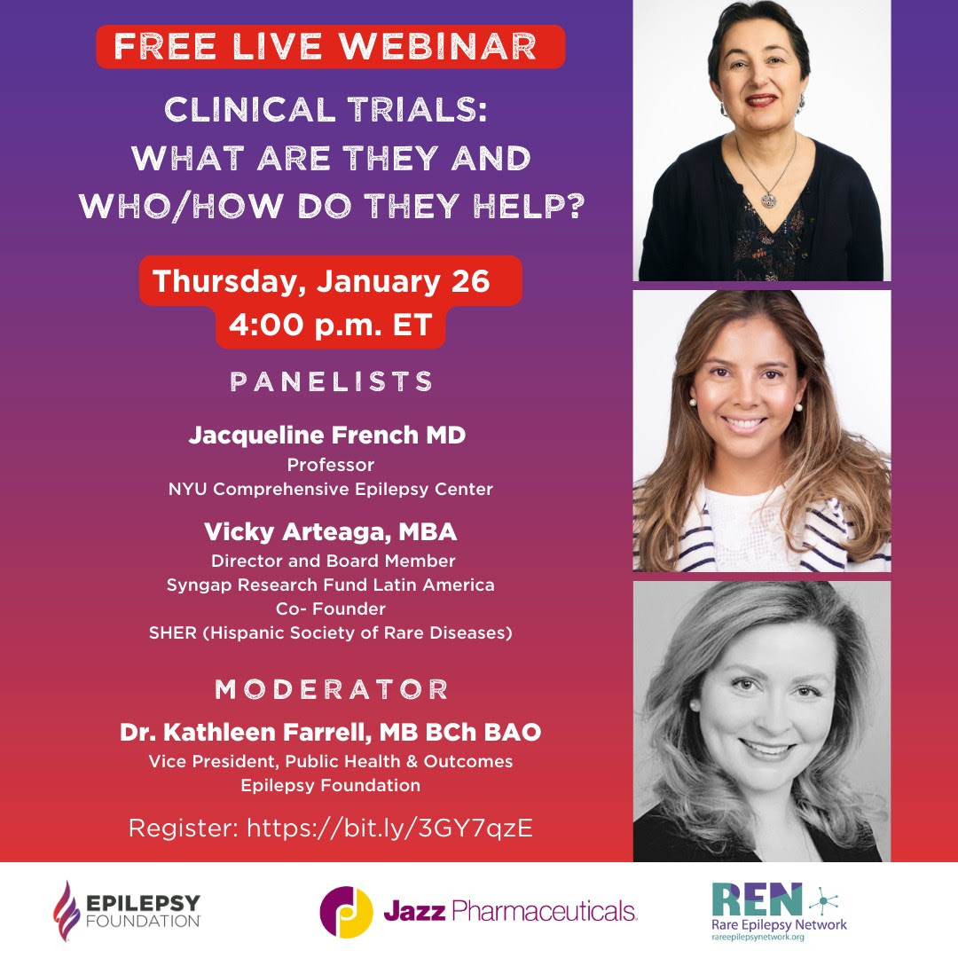 Our friends at the Epilepsy Foundation are hosting a Webinar: Clinical Trials: What are they and who/how do they help?

Join us for this webinar to learn from the experts and hear from people who have participated on their experience.

Register: bit.ly/3GY7qzE