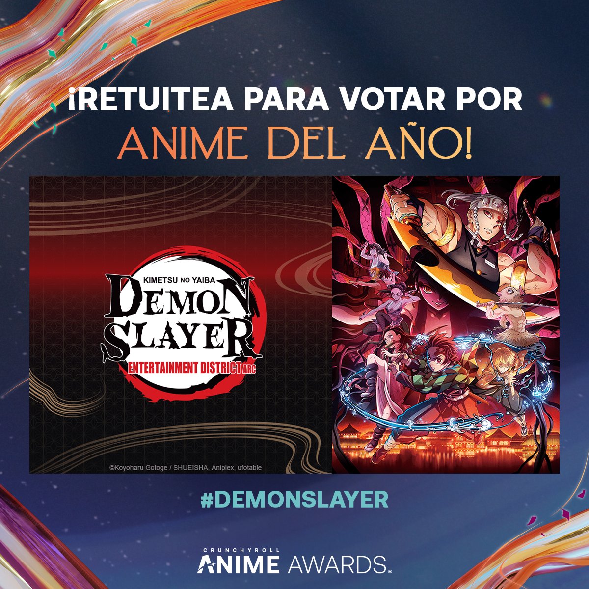 🌟 RETUITEA PARA VOTAR 🌟
¡🔥 #DemonSlayer Kimetsu No Yaiba Entertainment District Arc como Anime del Año en los #AnimeAwards 2023!

Vota también en otras categorías ➡️ got.cr/Vota-AA23