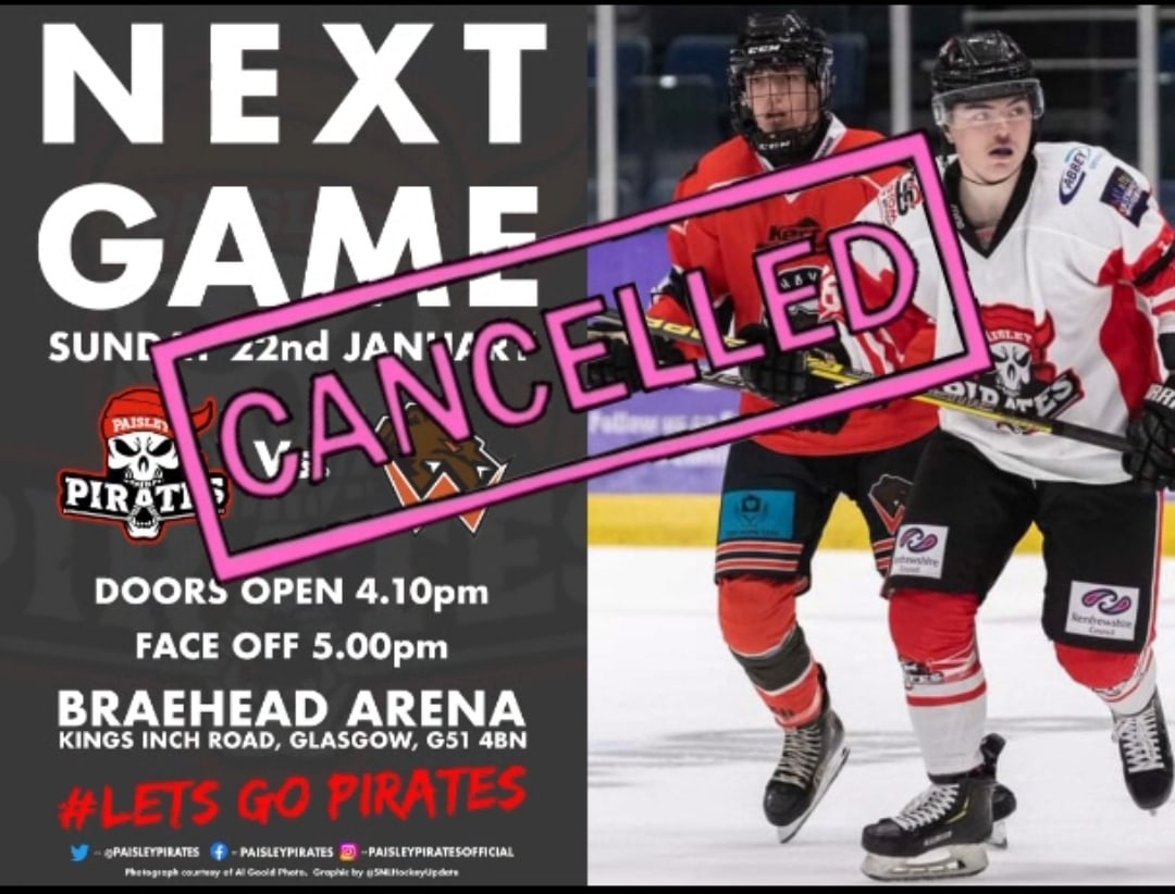 PaisleyPirates's tweet photo. URGENT UPDATE.
PAISLEY PIRATES V NORTH AYRSHIRE WILD GAME TOMORROW IS CANCELLED.
We have been informed by Braehead that the Zamboni has broken down and cannot be fixed until Monday. We have informed SIH and North Ayrshire Wild. The fixture will be rescheduled https://t.co/r9csXAzK9o