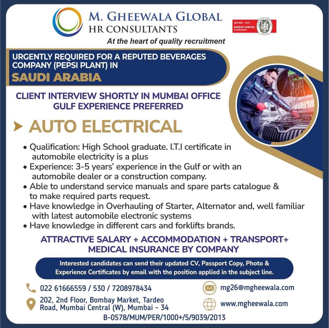 gulfjob8's tweet photo. Job Vacancies for #Saudiarabia

Interested Candidates can send the updated resume to 

#electrical #autoelectrical #carelectrician #autoelectrician #automobile #starter #overhaulstarter #alternator #automobile #gulfexperience #gulfjobs #saudijobs #jobsinsaudi https://t.co/2rz5IpMPGq