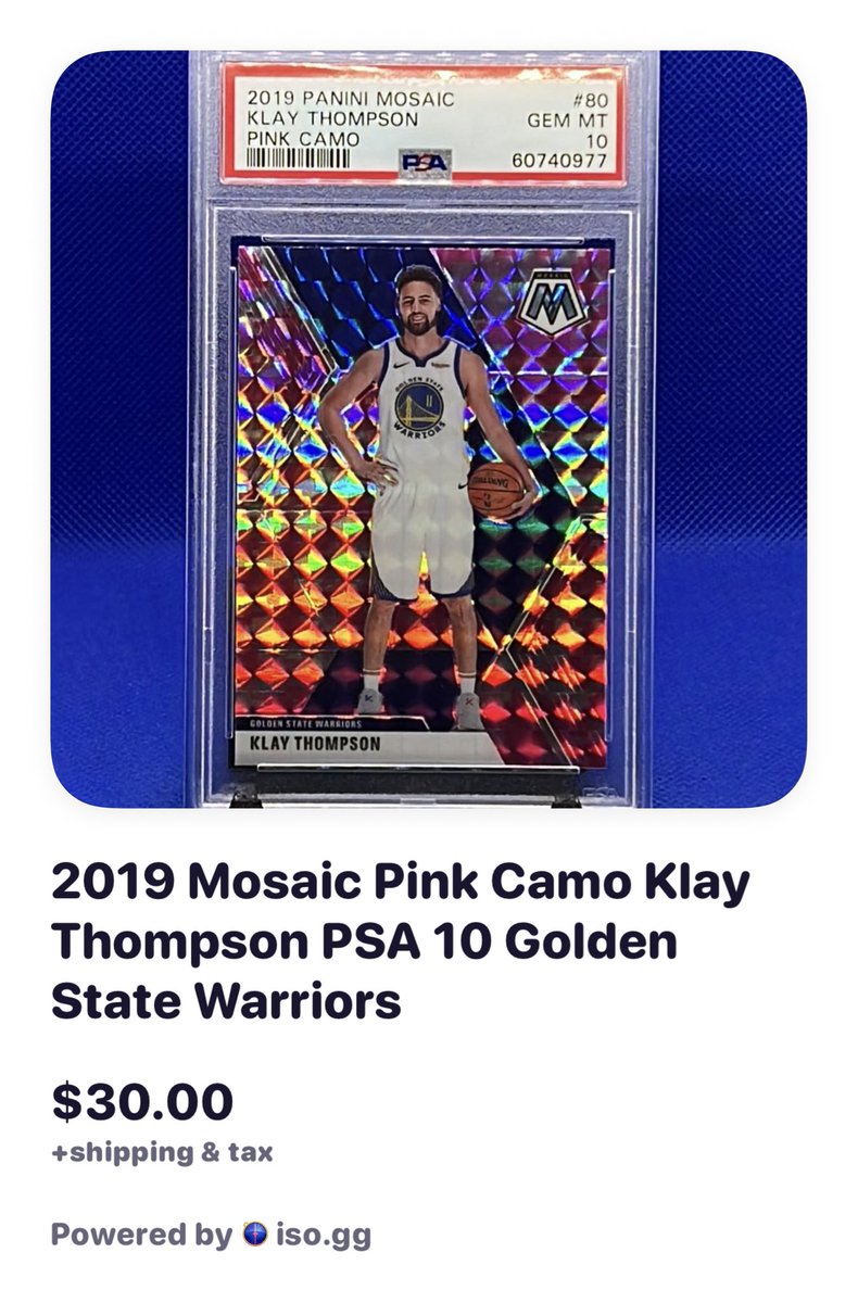 NolaCardBoard's tweet photo. @midwestboxbreak 2019 Mosaic Pink Camo Klay Thompson PSA 10 Golden State Warriors #bcb 3357: Follow and reply with #bcb to claim and purchase! @BuckCityBreaks https://t.co/Yvd63s5XFc