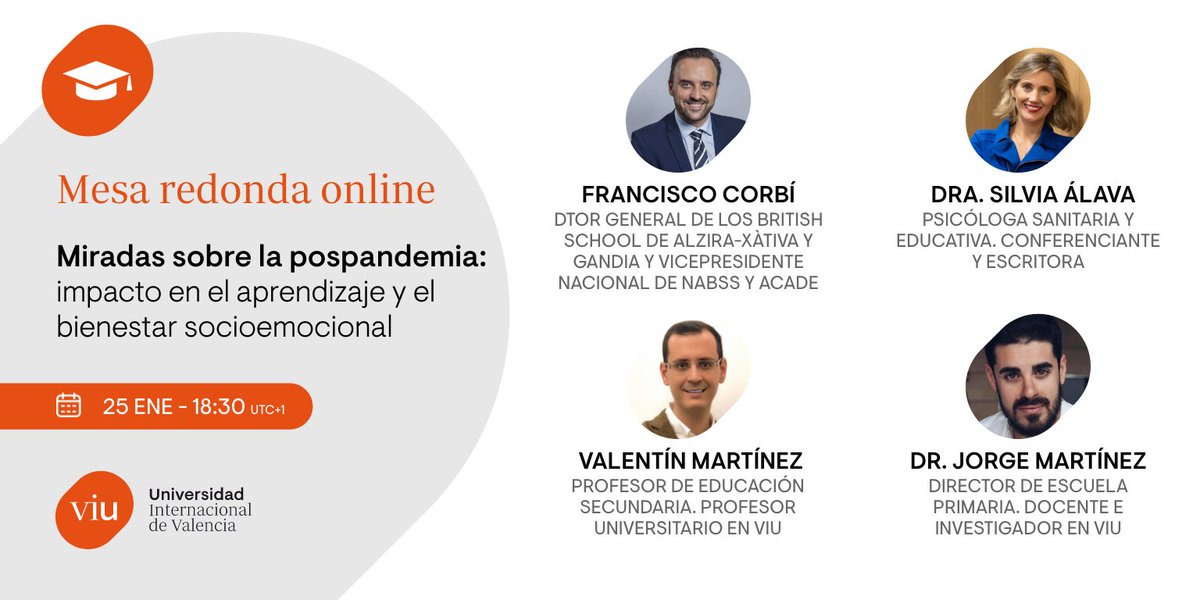 Mesa redonda #online “Miradas sobre la #pospandemia: impacto en el aprendizaje y el bienestar socioemocional”,organizada por la Facultad de Ciencias de la #Educación.
Con <a href="/silviaalava/">Silvia Álava Sordo</a>,<a href="/valentinmar/">Valentín Martínez</a>,<a href="/jorgemp88/">Jorge Martínez</a> y <a href="/franccorbi/">Franc Corbí</a>-<a href="/BritishValencia/">BSValencia</a>.▶️Inscripciones👉universidadviu.com/es/actualidad/…