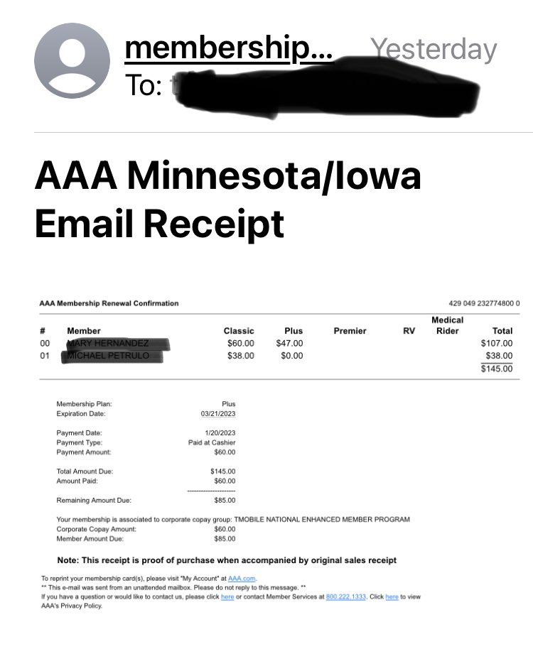 denan_olivia's tweet image. Already got this fake fraud email 01/20/23 due to #TMobileHack that happened this wk. Email /names of myself/hub on it. Ironically I do have AAA. I HAVE NOT rec’d notice about the hack. @TMobile =multiple data breaches. What are you doing about it??? 🖕🏼🖕🏼🖕🏼#Tmobilebreach #Fraud