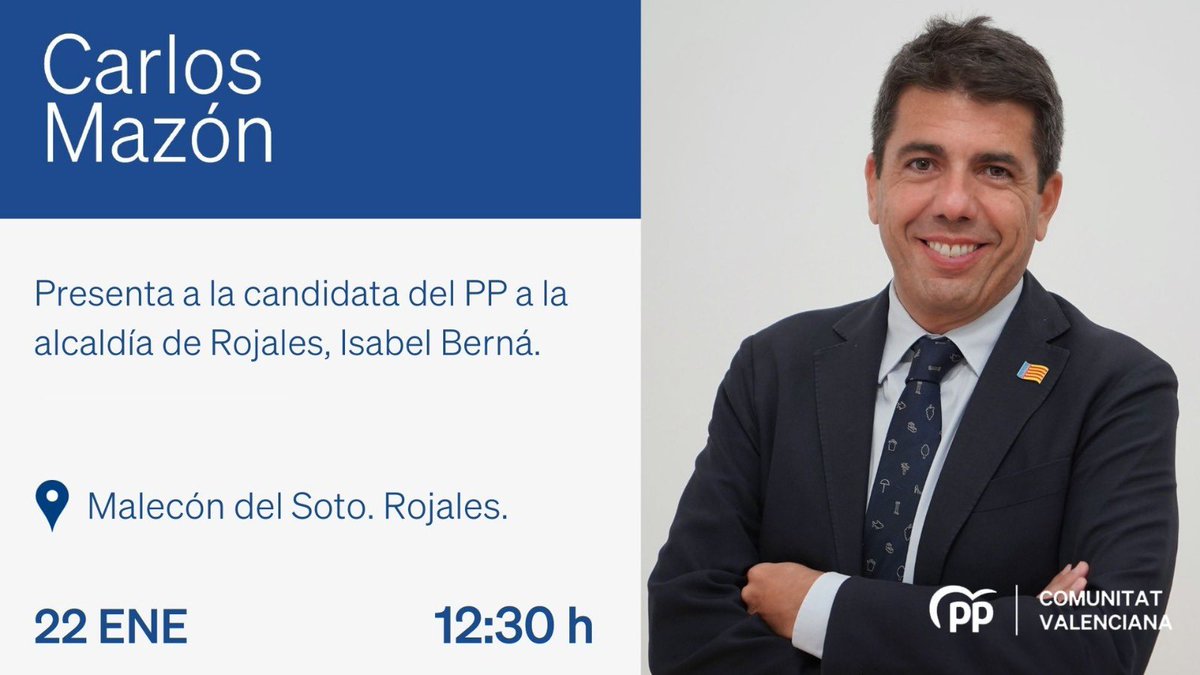 ppcv's tweet photo. Mañana, a partir de las 12:30h.🕣, nuestro presidente, @CarlosMazon40, presenta a Isabel Berná como candidata del @PPRojales. https://t.co/r9XL5iSJJx
