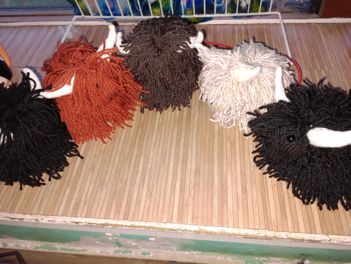 Tugmistress's tweet photo. Ok, here's my brand new herd of Highland cattle!
They are less than 6 inches in any direction so cute and dinky 👌 each one will be hand knitted to order! Each bit of shaggy is secured individually &amp; take a couple of days to make but for £25 each Inc post a bargain!

#MHHSBD https://t.co/f45HFjA5A1