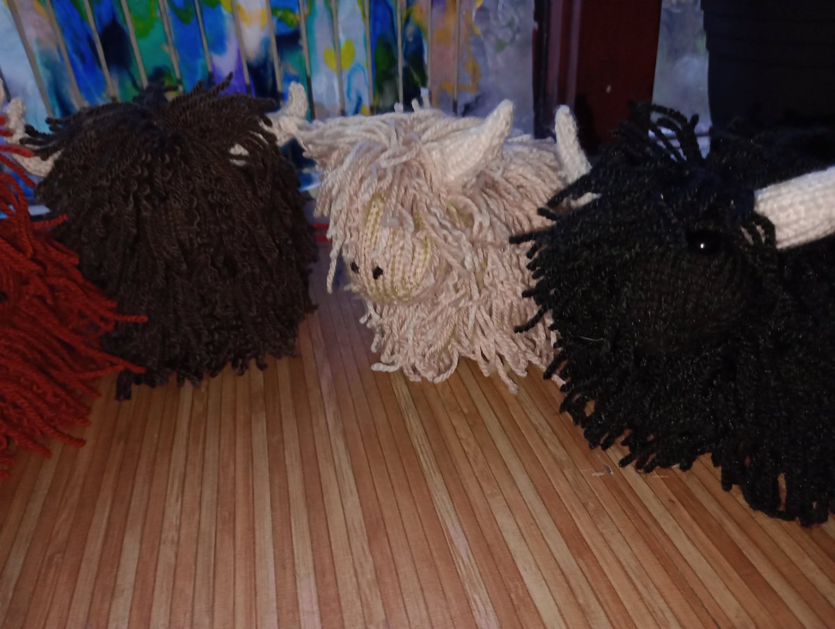 Tugmistress's tweet photo. Ok, here's my brand new herd of Highland cattle!
They are less than 6 inches in any direction so cute and dinky 👌 each one will be hand knitted to order! Each bit of shaggy is secured individually &amp; take a couple of days to make but for £25 each Inc post a bargain!

#MHHSBD https://t.co/f45HFjA5A1