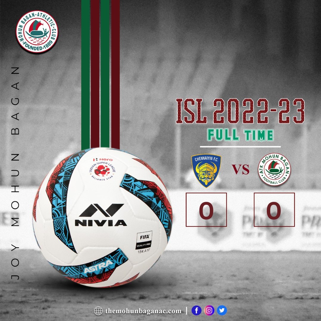 Mohun_Bagan's tweet photo. Match Ended Goalless. 

#JoyMohunBagan #Mariners #MohunBagan #MBAC #MohunBaganAthleticClub  #Football #IndianFootball #IndianFootballClub #ISL #ISL2022 #ISL2023 #IndianSuperLeague #ChennaiyinFC #CFCATKMB #FullTime #FullTimeScore #MatchDrawn #MatchDraw #Draw https://t.co/nrabu8Qg0O