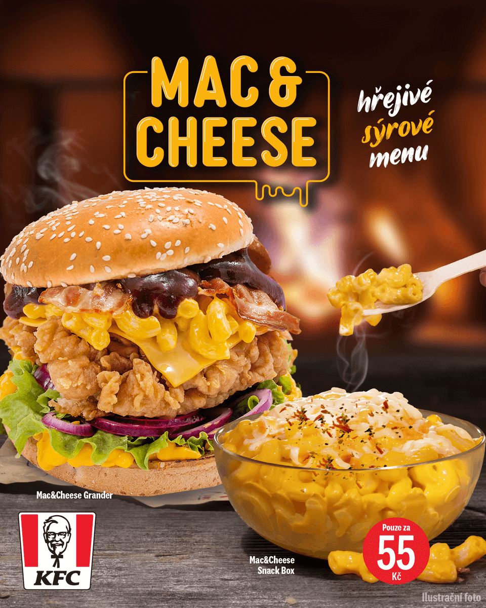 kfc_cz's tweet photo. MAC &amp; CHEESE budeš milovat. 🧀🧀🧀 Pořádně sýrová a tak akorát hřejivá novinka s americkým nádechem. A co všechno musíš ochutnat? 😏 https://t.co/wwVcNxbDFq
