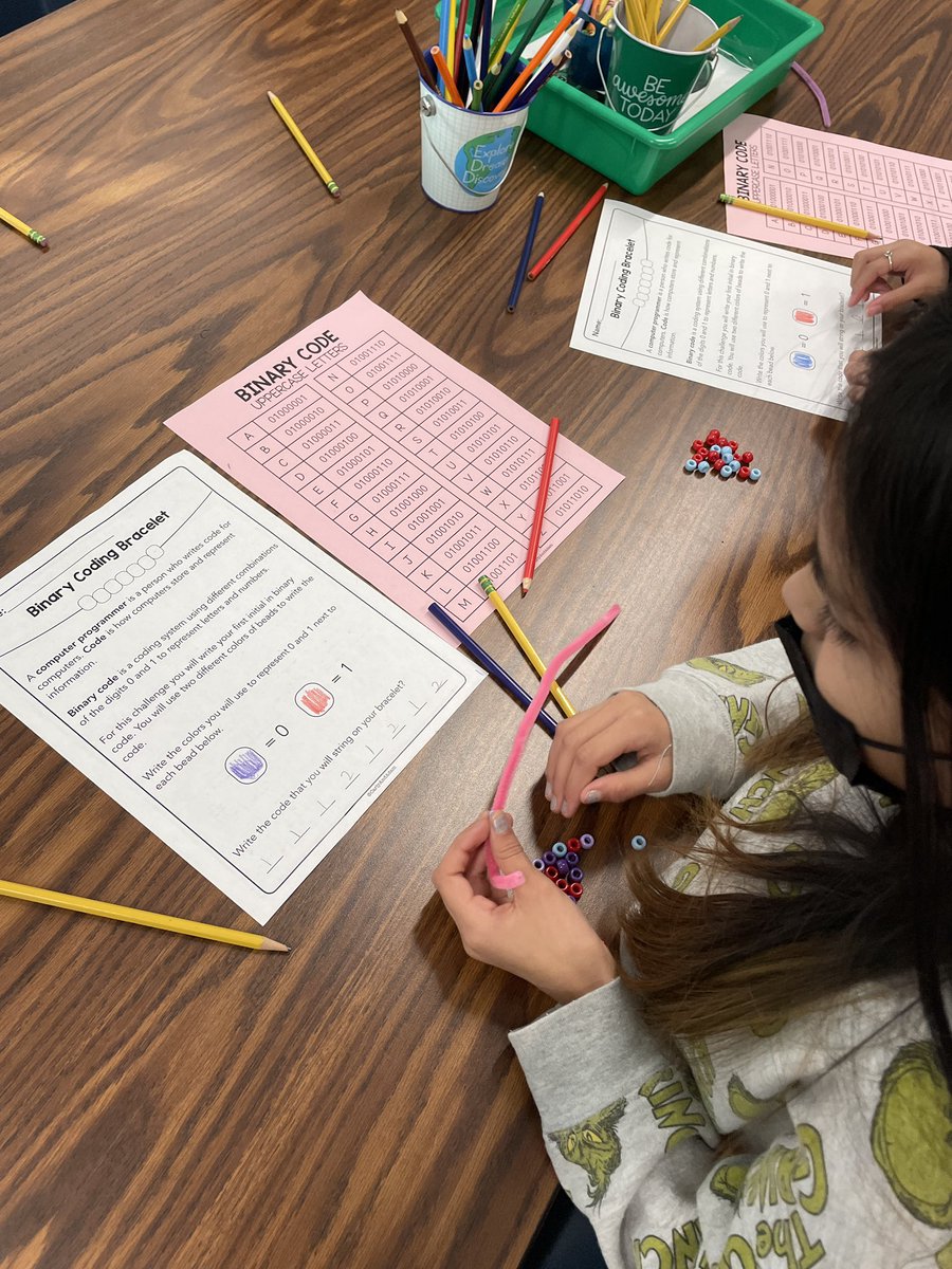 mrsishamscience's tweet photo. We learned how symbols and codes can be used for communication. After translating a message in Morse Code, we made Binary Coding Bracelets. Thanks @carlyandadam! #tatescience https://t.co/eMMeEeIKE9