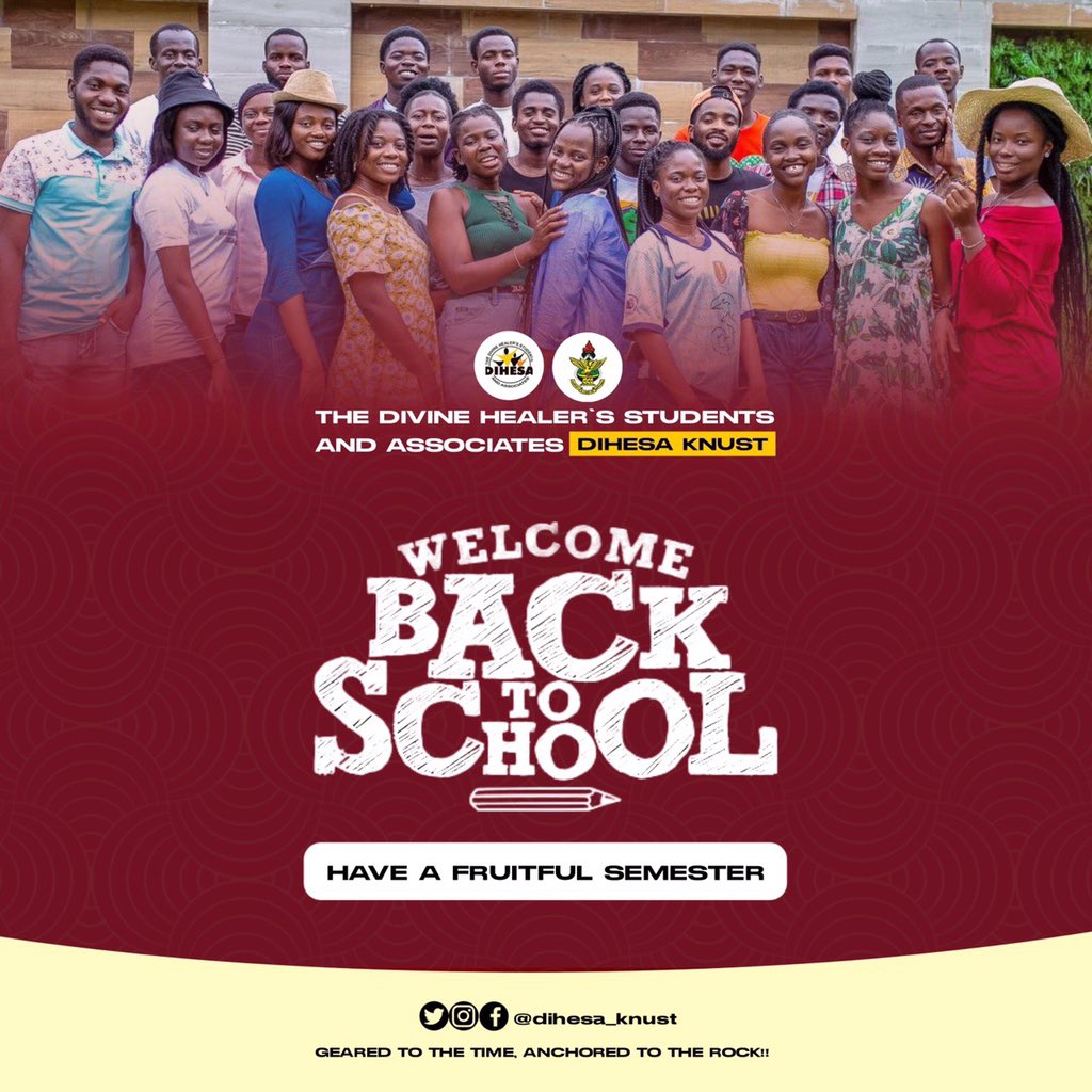 DihesaK's tweet photo. 🥳🥰🥳🥰🥳🥰🥳🥰🥳
*With mucho love and excitement, DIHESA KNUST welcomes you back to school* 🤩😎

We are more than glad to have you back 🤗
It is our prayer that all expectations you have in this semester would be met in Jesus’ name 

Have a very fruitful semester 🙏🤩🥰❤️ https://t.co/cVh8IMGZjO
