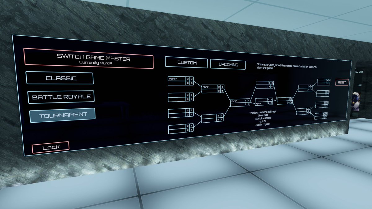 MyroDev's tweet photo. The Tournament update in my "Lightcycle Arena" world is now live!
I was planning to organize a tournament in the near future, but everyone can easily create their own, winners will be teleported on a podium in front of the pool. #VRChat https://t.co/rvrRWxsl0N