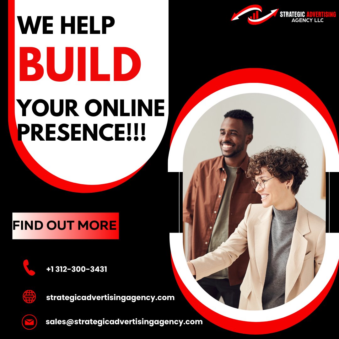 StrategicAds1's tweet photo. STRATEGIC ADVERTISING aids in developing your online presence.
#marketingagency 
#digitalmarketingagency  
#buildyouronlinepresence 
#creativeagency  
Find out More! 
🌐 https://t.co/lGIypqMMAx
📧 mailto:sales@strategicadvertisingagency.com
📞 +1 312-300-3431 https://t.co/Ya2l7yEWc1