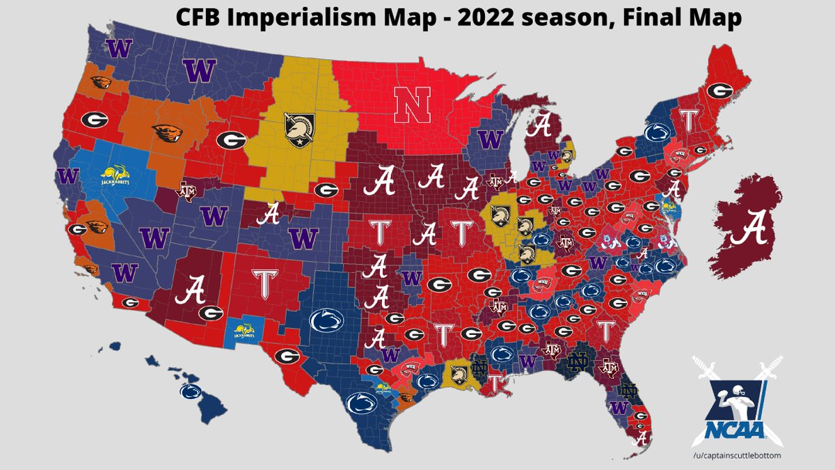 RedditCFB's tweet photo. Final 2022-23 #CFBImperialism Map! ⚔️

All teams began with territory, but would gain/lose based on who they beat (keeping land they gathered until they lost, only gaining land from those who had it). After all bowls and playoffs, this is the result:
https://t.co/50gbEzdsgO https://t.co/6YrbhKlyXd