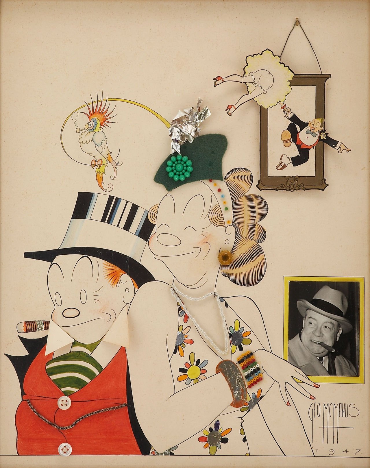 Ilustración original y collage de Bringing Up Father, de George McManus (en la foto), 1947.