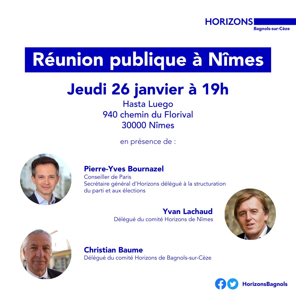 📆 RDV le 26/01 à #Nimes pour une réunion publique avec : 
🔹<a href="/pybournazel/">PierreYves Bournazel</a> secrétaire général structuration &amp; élections d’<a href="/HorizonsLeParti/">Horizons</a> 
🔹<a href="/yvan_lachaud/">Yvan Lachaud</a> Délégué Horizons Nimes 
🔹Christian Baume Délégué <a href="/HorizonsBagnols/">Horizons Bagnols-sur-Cèze</a>

Inscriptions 👉 cutt.ly/N9iJjKd