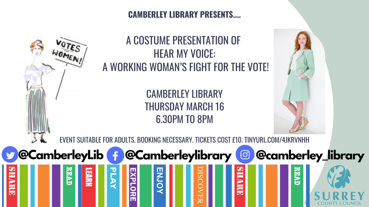 Hear My Voice! A costume presentation with Meredith Towne
Join us at Camberley Library for this fantastic event, in celebration of Women's History Month. tinyurl.com/4jkrvnhh
@SurreyLibraries @LoveCamberley @TheSquareCamb @CamberleyWI @surreyfedwi #WomensHistoryMonth