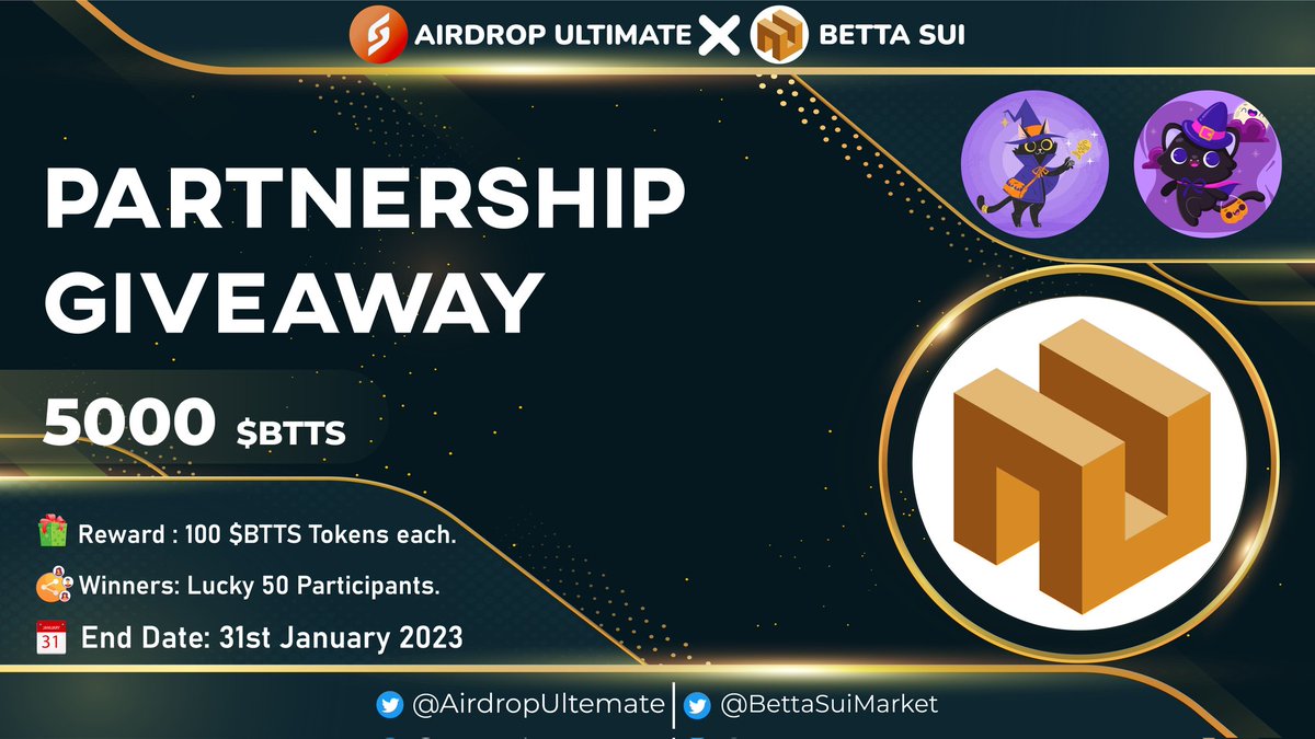 AirdropUltemate's tweet photo. New Giveaway: @BettaSuiMarket X @AirdropUltemate
Reward: 5000 $BTTS
Distribution: After TGE

🔗Giveaway Link: https://t.co/eyvPxPnDoK

-Complete all tasks of the giveaway
-Submit your Sui wallet address
-For 50 Random Lucky peoples
-Done 

#Airdrop #NFT #Sui #BettaSui https://t.co/QGeXLYzR77