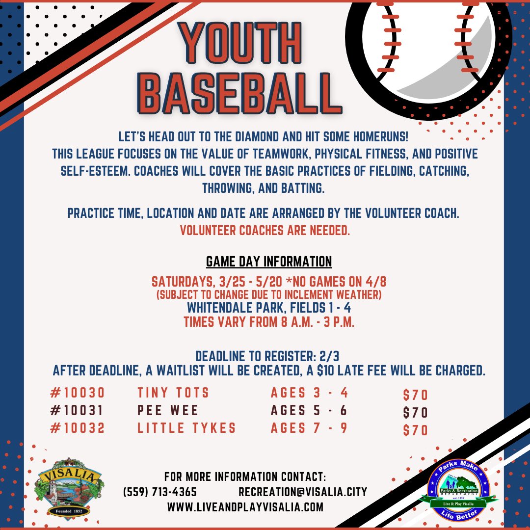 SPRING YOUTH SPORTS REGISTRATION STILL OPEN!

Don't miss the chance to sign your child up for our spring Youth Baseball &amp; Youth Volleyball leagues!
 
Deadline to Register is February 3rd!

Register online:

anc.apm.activecommunities.com/visalia/activi…

Call (559) 713-4365 for more details!