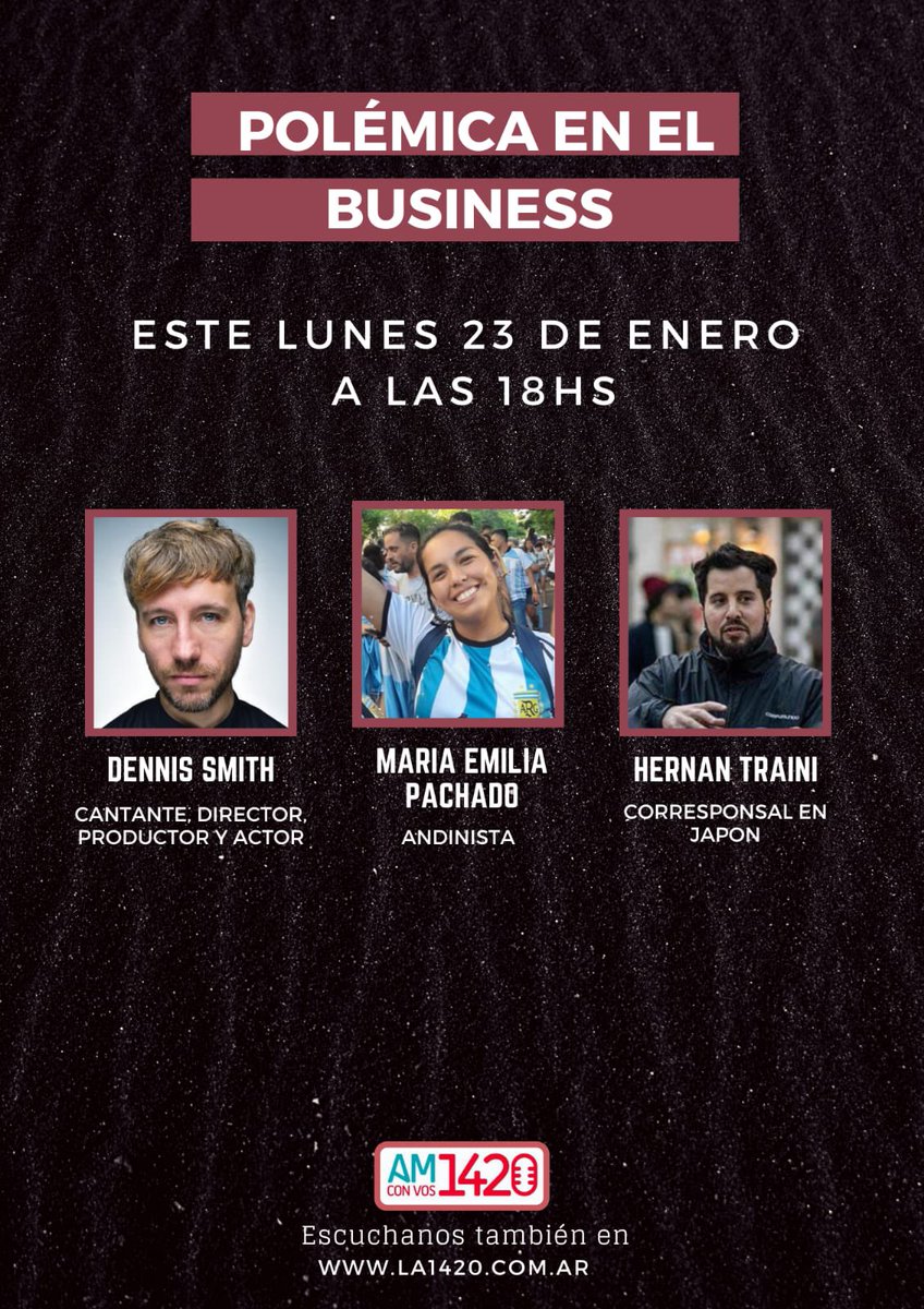 El lunes no se pierdan un programa distinto, con un actor, productor, cantante de primera <a href="/Dennis_SG/">Dennis Smith</a> , una andinista y nuestro corresponsal en Japón... donde? Acá en <a href="/PolemicBusiness/">Polemica en el Business</a> a qué hora? 18 hs.. donde ? youtu.be/0Gzwnooih-s no se lo pierdan!!!!