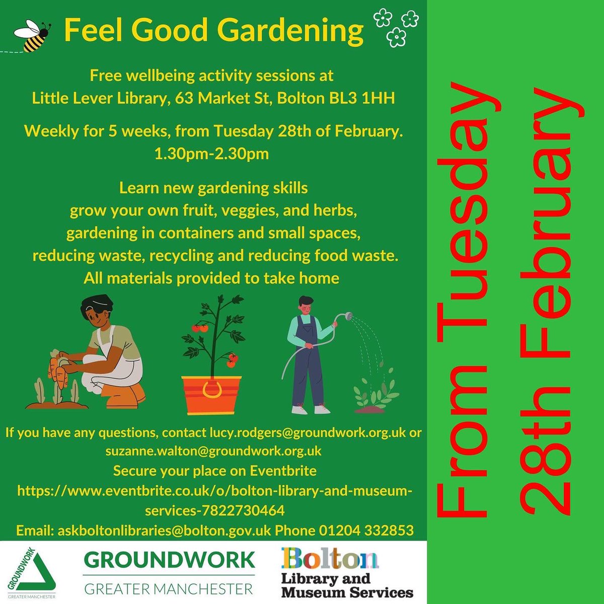 BreakdownBolton's tweet photo. Free Family Activity Sessions with Gardening at Little Lever Library and High Street Library organised by @BoltonLMS and @GroundworkGM #Green #GoGreen #allmaterialsprovided #Bolton https://t.co/D7y5rVHXcY