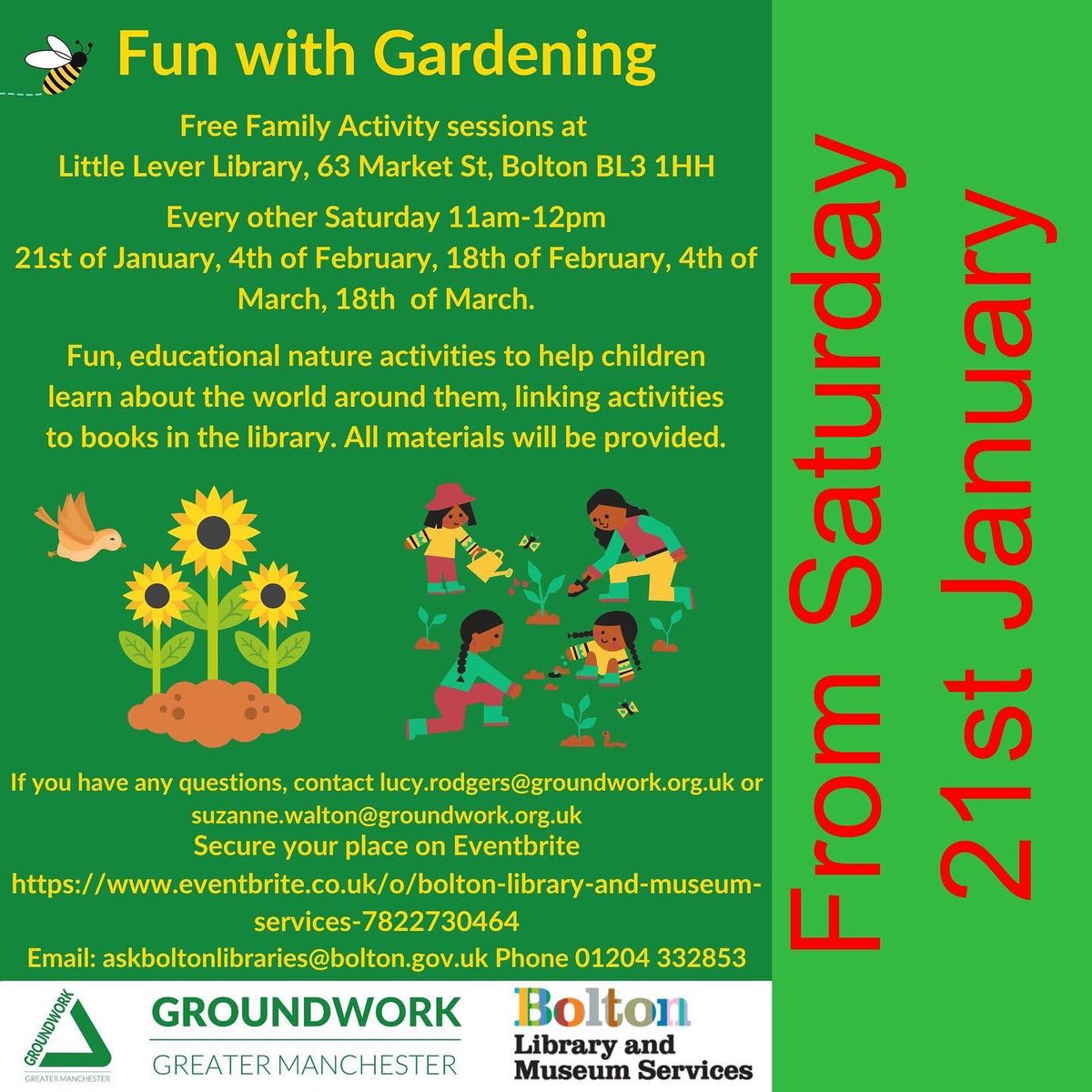 BreakdownBolton's tweet photo. Free Family Activity Sessions with Gardening at Little Lever Library and High Street Library organised by @BoltonLMS and @GroundworkGM #Green #GoGreen #allmaterialsprovided #Bolton https://t.co/D7y5rVHXcY