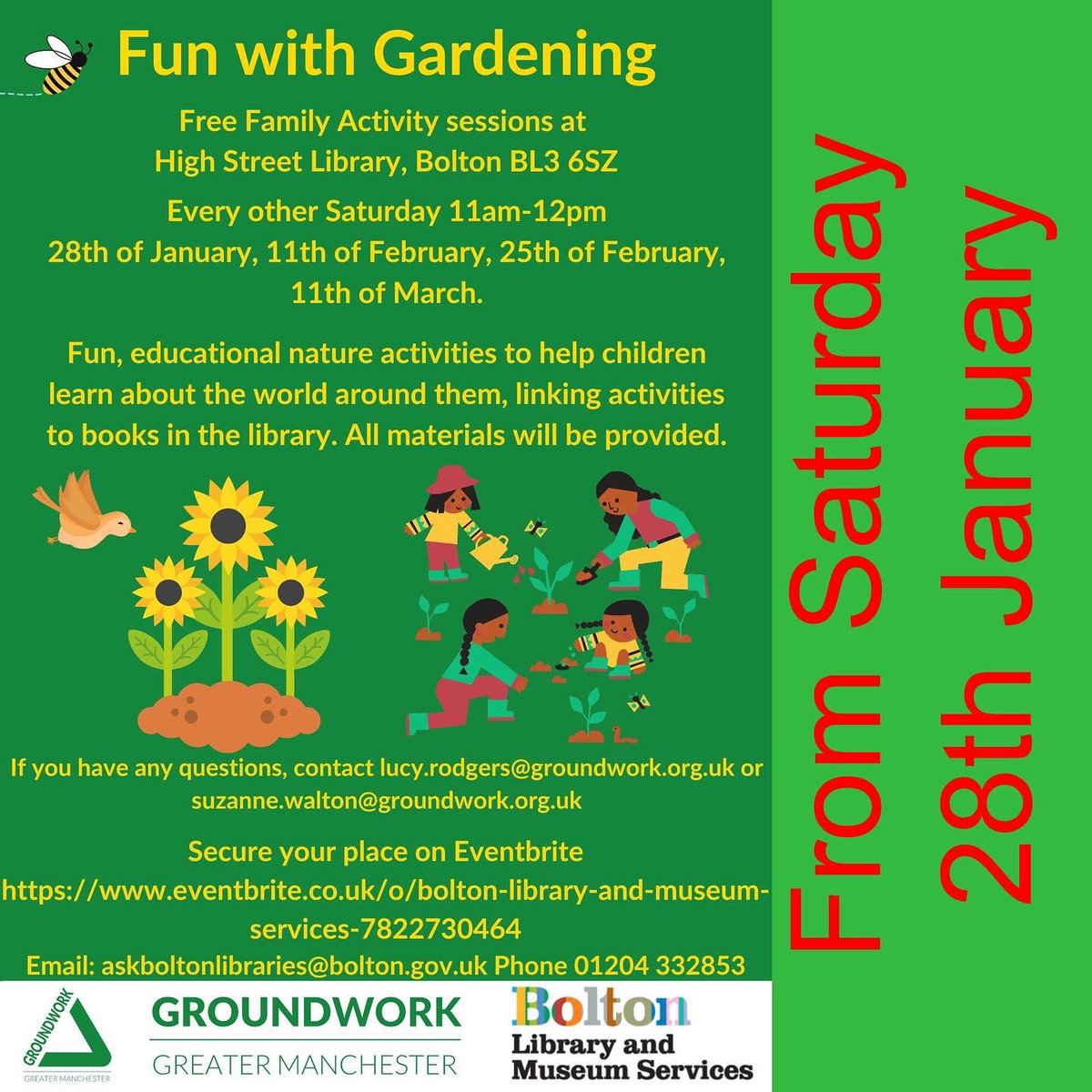 BreakdownBolton's tweet photo. Free Family Activity Sessions with Gardening at Little Lever Library and High Street Library organised by @BoltonLMS and @GroundworkGM #Green #GoGreen #allmaterialsprovided #Bolton https://t.co/D7y5rVHXcY