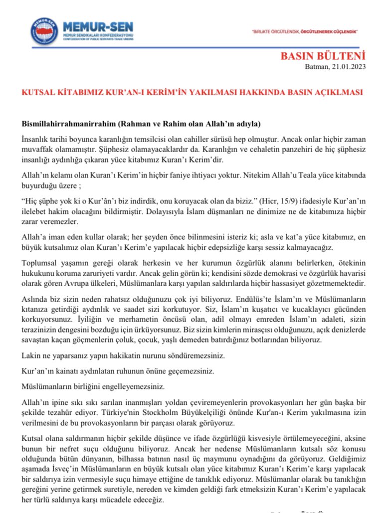 🩸Türkiye'nin Stockholm Büyükelçiliği önünde kutsal kitabımız Kur’an- ı Kerim’in yakılması kabul edilemez, sineye çekilemez. 

Şiddetle kınıyoruz, lanetliyoruz.

<a href="/ebsbatman/">EBS Batman</a> 
<a href="/BatmanMemur/">MEMUR-SEN BATMAN</a>
 <a href="/_aliyalcin_/">Ali YALÇIN</a>