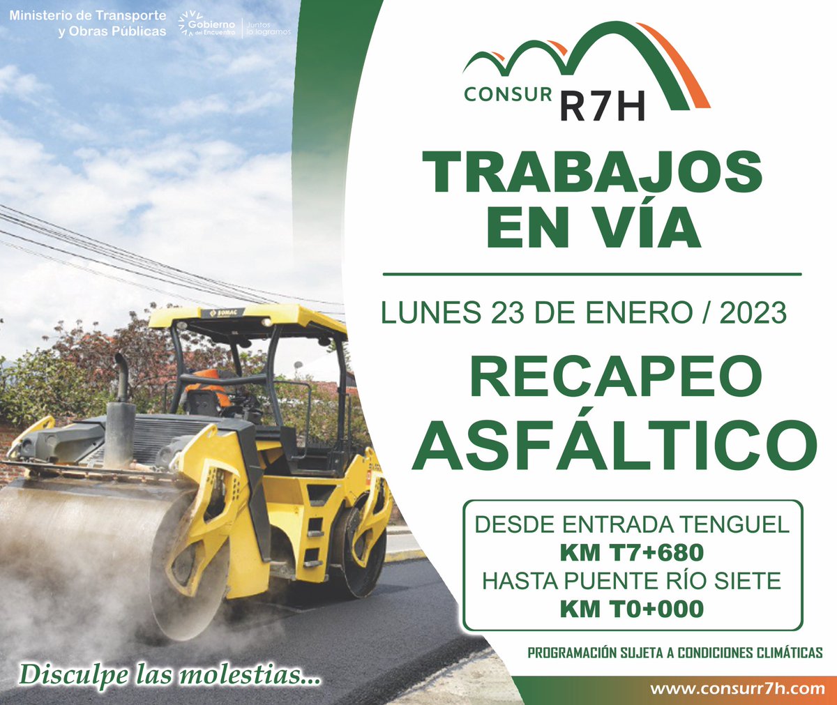 ConsurR7H's tweet photo. TRABAJOS EN VÍA 👷🏻♂️🚧
A partir del 23 de enero de 2023 se iniciará los trabajos de Recapeo Asfáltico en el Tramo Entrada Tenguel - Puente Río Siete, en una longitud aproximada de 7.2 KM.
Pedimos disculpas por las molestias ocasionadas.
🛣️ #Mantenimiento #Recapeo #Asfáltico #Consur https://t.co/U4R0CIlWwM