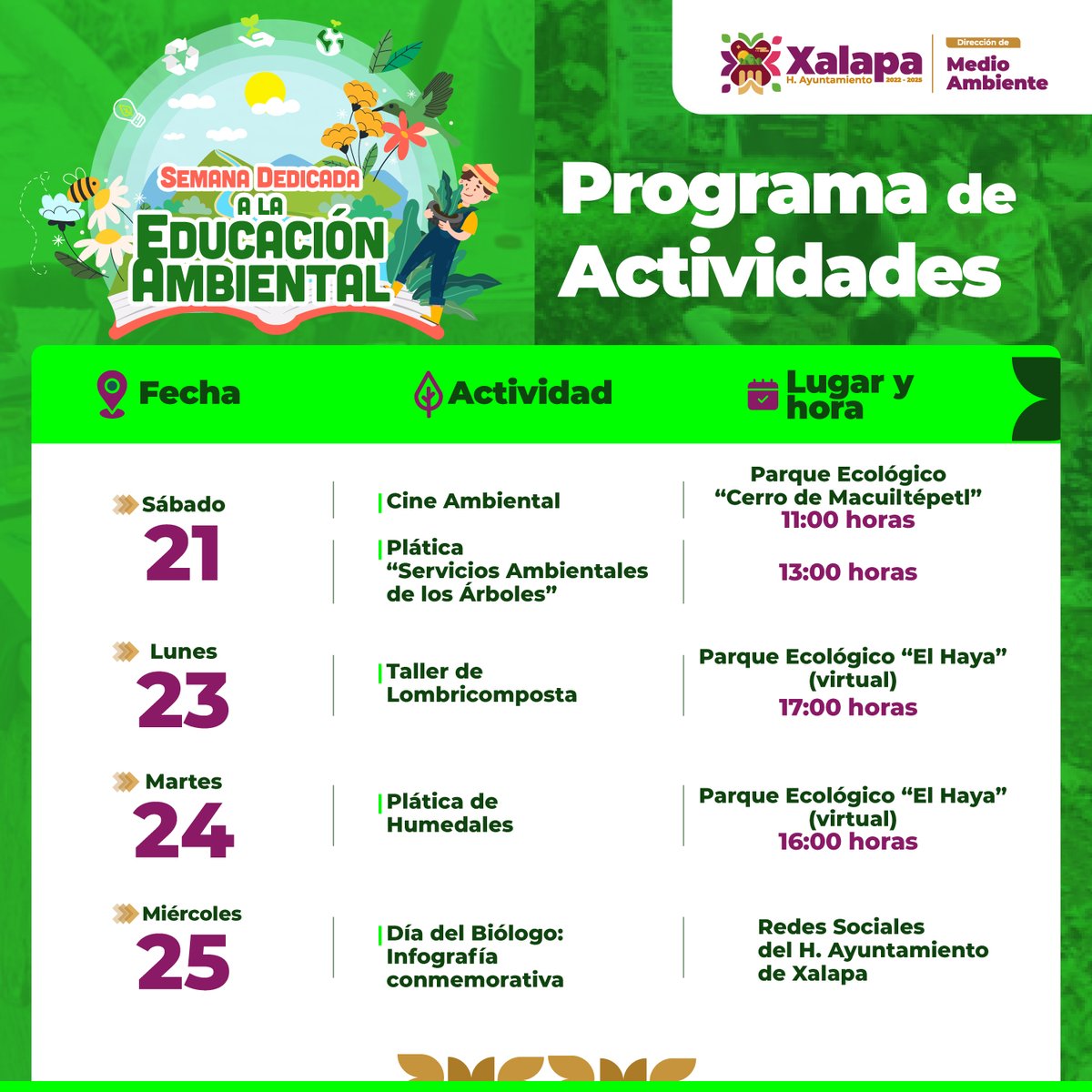 AytoXalapa's tweet photo. Los invitamos a participar en la semana dedicada a la Educación Ambiental 📚🍃♻️ que se realizará del 21 al 28 de enero en modo virtual así como en los Parques Ecológicos emblemáticos de #Xalapa: Cerro de Macuiltépetl y El Haya.

Consulta el programa completo aquí 👇.

#Xalapa https://t.co/iPnR3apeZj