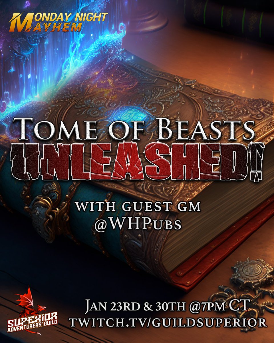 Hey all! We have a GM new to @GuildSuperior, @WHPubs is going to be bringing a unique take on the Tome of Beasts from @KoboldPress! Join him along with players @AndrewNguyenRPG, @AnnineaWanders, @_sundanceSid, and @KevranGames for some monster mayhem!

#ttrpg #rollingtogether