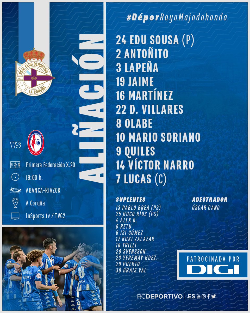 enelminuto91's tweet photo. 🔵⚪ | 𝐀𝐋𝐈𝐍𝐄𝐀𝐂𝐈𝐎𝐍

🔥 Once confirmado del Deportivo de La Coruña para la Jornada 20 de la #PrimeraFederación

🆚️ Rayo Majadahonda
🏟 Abanca-Riazor
🗓 21 de enero
⏰ 19:00 h
📺 InSports TV / TvG 2

👉 @onosodeportivoo https://t.co/QyLSf7unE9