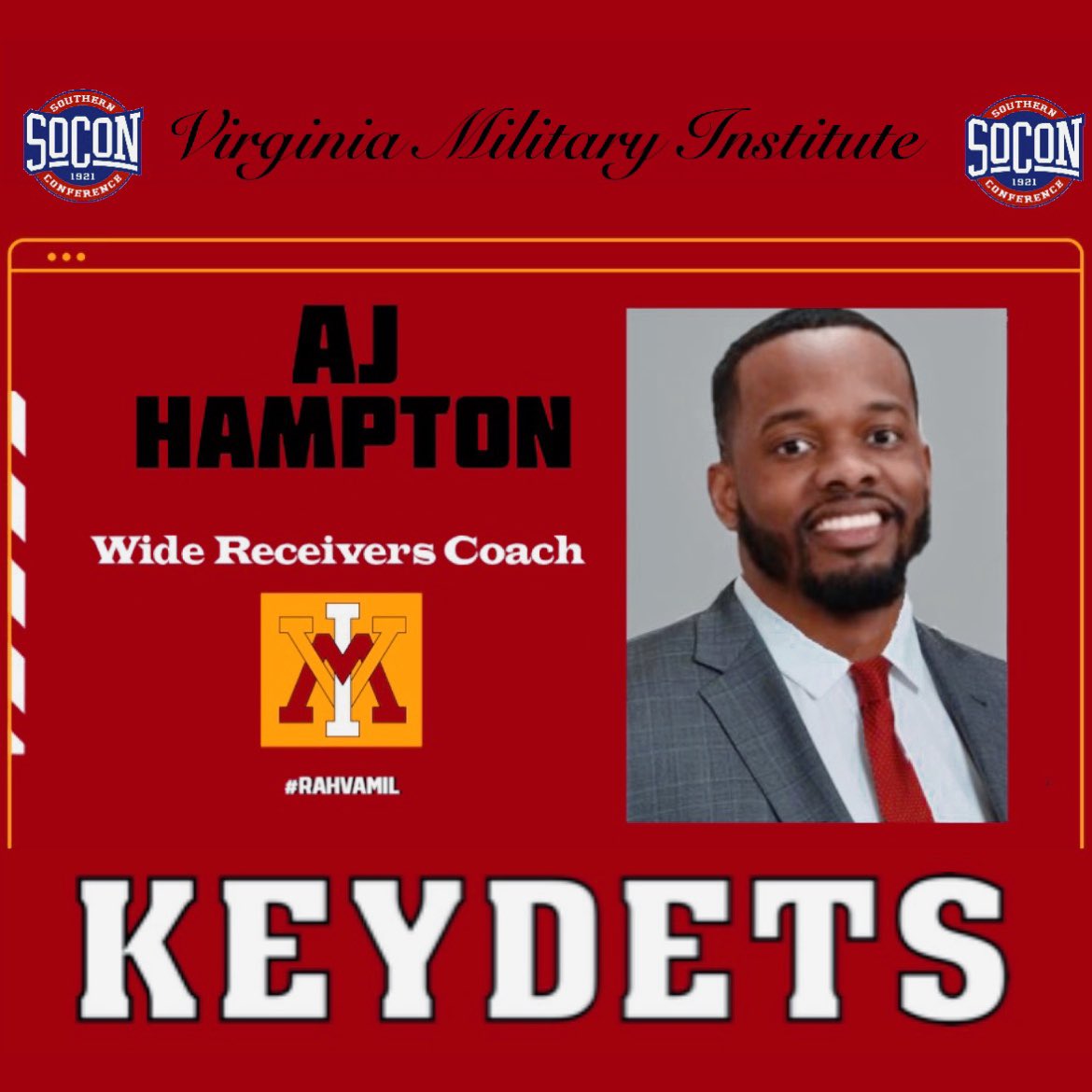 Excited to announce that I’ve accepted the Wide Receivers Coach position at VMI! 

Thank you so much to Coach Pry and Hokie Nation for all the love and support throughout my time here! 

So thankful for Coach Rocco and VMI for believing me, let’s get to work ! #RahVaMil