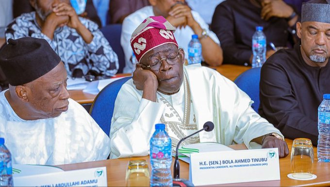 SWAtiku2023's tweet image. The task of leading Nigeria hasn't started, Tinubu is sleeping in public and tired already.

We can't allow APC package a basket of rotten mangoes again.

Enough is enough.

Don't VOTE Sleepyhead, don't Vote APC!