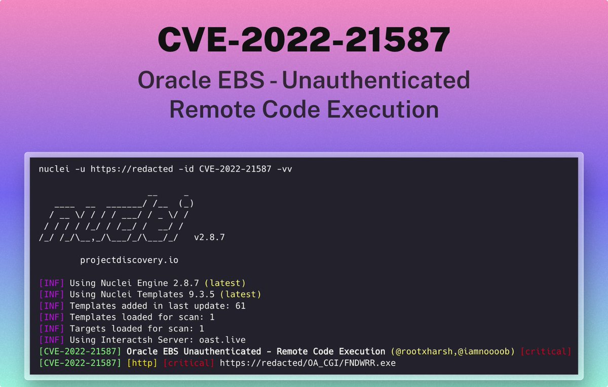 pdnuclei's tweet image. Scanning for CVE-2022-21587 (Oracle EBS Unauthenticated - Remote Code Execution) using Nuclei
Nuclei Template –– github.com/projectdiscove…
Reference ––
1. blog.viettelcybersecurity.com/cve-2022-21587…
2. oracle.com/security-alert…
#hackwithautomation #bugbounty #security #appsec