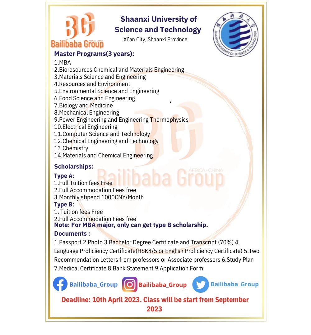 Bailibaba_Group's tweet photo. 🚨La semaine passée nous avions partagé quelques offres niveau BACHELOR et cette semaine c’est des bourses du Niveau Master

⚡️Nous proposons des bourses qui couvrent tout votre cursus universitaires et en plus avec possibilité de recevoir UNE ALLOCATION ALLANT 3 500¥/MOIS 💴. https://t.co/spzdNn2SXR