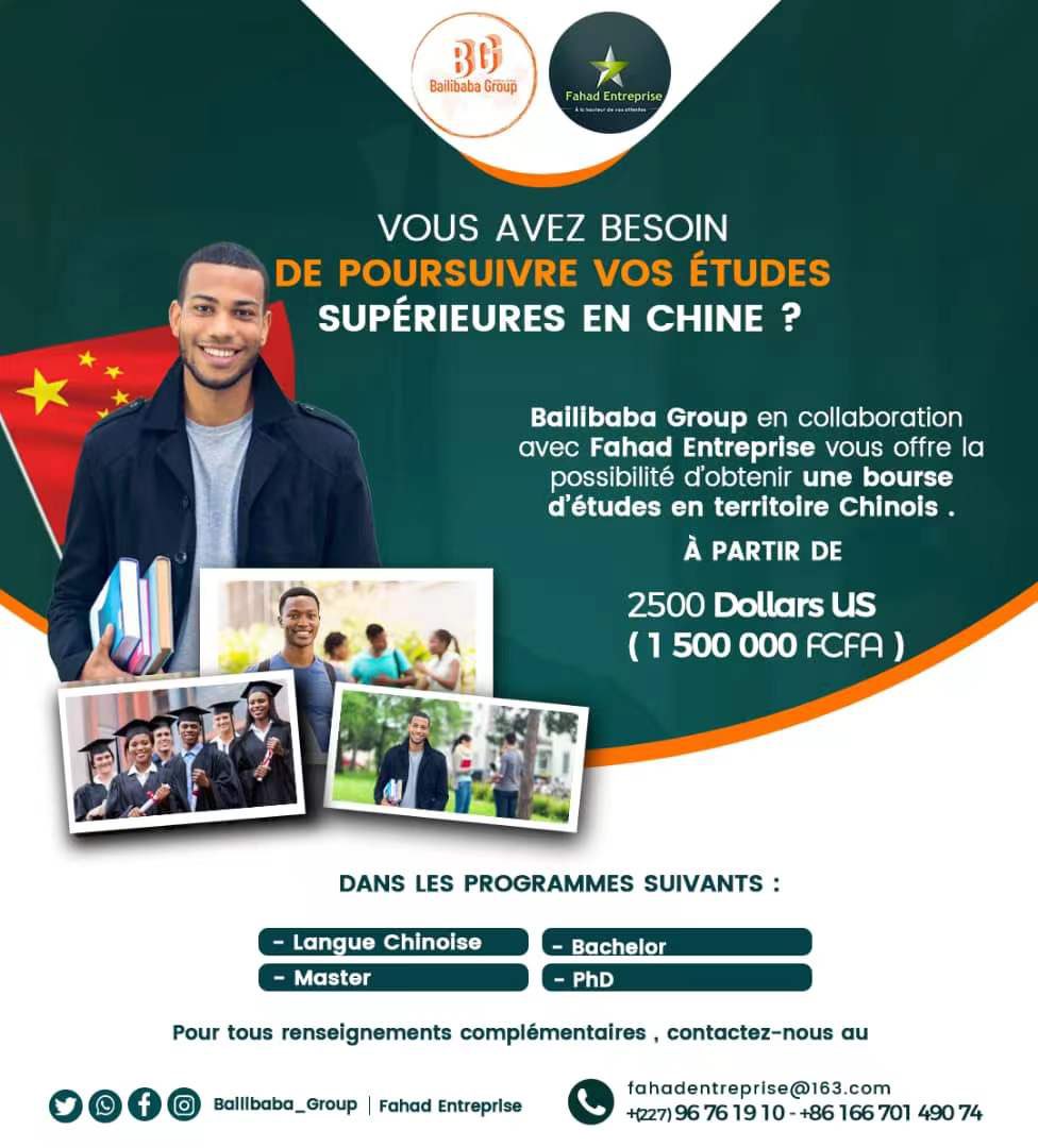 Bailibaba_Group's tweet photo. 🚨La semaine passée nous avions partagé quelques offres niveau BACHELOR et cette semaine c’est des bourses du Niveau Master

⚡️Nous proposons des bourses qui couvrent tout votre cursus universitaires et en plus avec possibilité de recevoir UNE ALLOCATION ALLANT 3 500¥/MOIS 💴. https://t.co/spzdNn2SXR