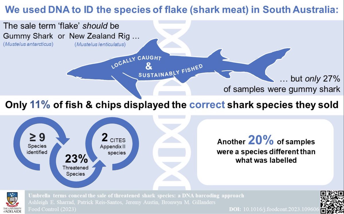 ⚠️ My first paper has been published! ⚠️ My honours work using #DNA to identify #shark species sold as flake in fish&chip shops in #SouthAustralia We are hoping that our research will provide insight 👀 about how umbrella terms ☂️ can ‘take-away’ consumers choice 🍽️ ⬇️ Link