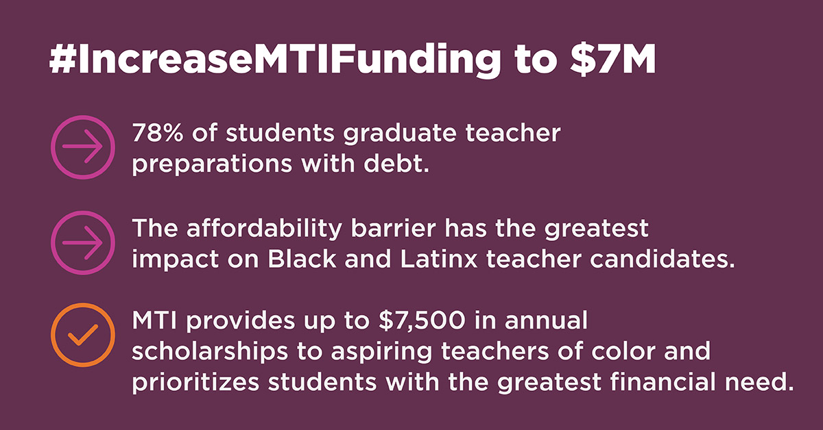 Increase in MTI funding addresses educator preparation affordability and invests in future teachers of color. <a href="/GovPritzker/">Governor JB Pritzker</a>, please commit to increasing funding of MTI to $7M. #IncreaseMTIFunding