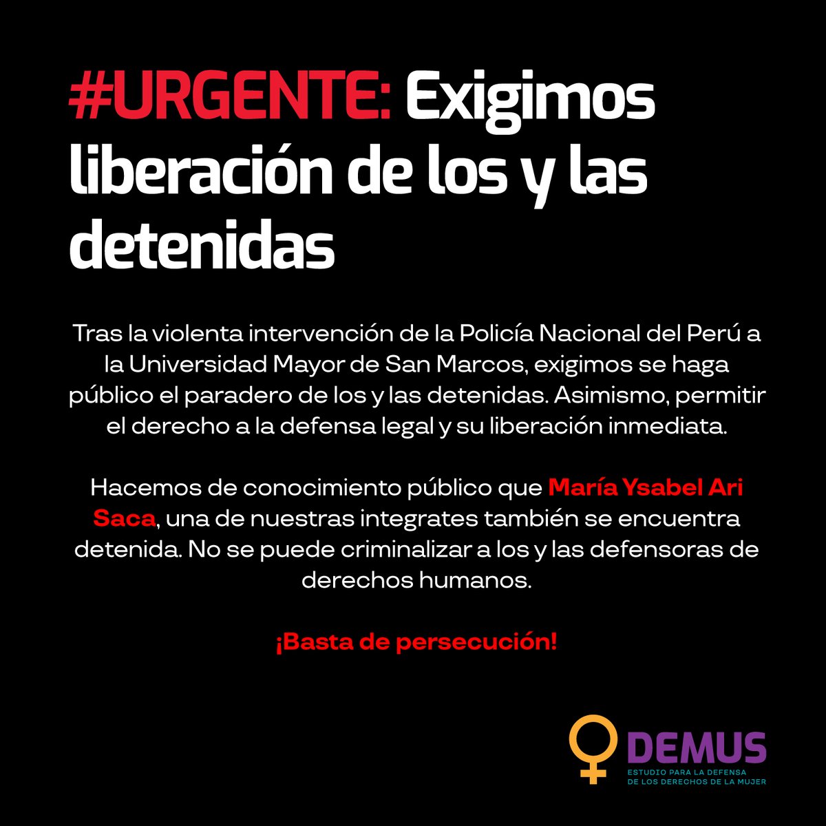 🚨#URGENTE: Exigimos liberación de María Ysabel Ari Saca y detenidxs

Informamos que María Ysabel, una de nuestras integrantes aún se encuentra detenida tras la intervención de San Marcos. No se puede criminalizar a defensores de DD.HH.

#PeruEnDictadura #SOSPeru #DinaRenunciaYa