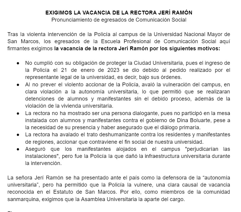 YersonCollaveG's tweet photo. Los egresados de Comunicación Social de San Marcos exigimos la inmediata vacancia de la rectora Jerí Ramón por la intervención violenta de la policía al compus de la Decana de América. Los firmantes: https://t.co/uEpwKj5Ldv https://t.co/wqqxx6Ctiy