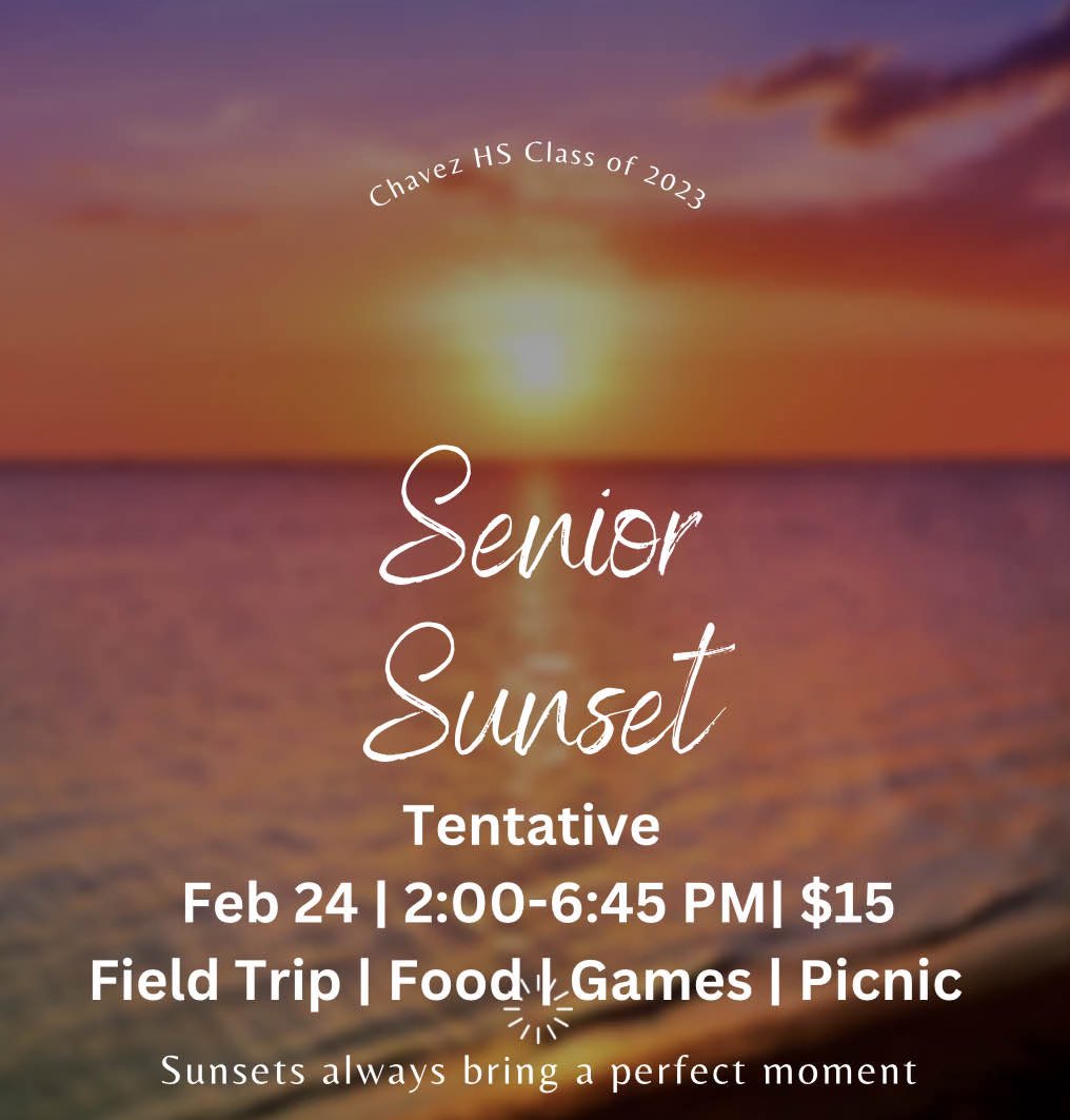 Seniors! We have a senior sunset field trip coming up (dates TBD for either Feb 17/Feb 24). Food + transportation included! Please fill out this form with your SCHOOL EMAIL if you would like to attend and if you have a parent interested in chaperoning! 

forms.gle/JXCVD3pcrEhC45…